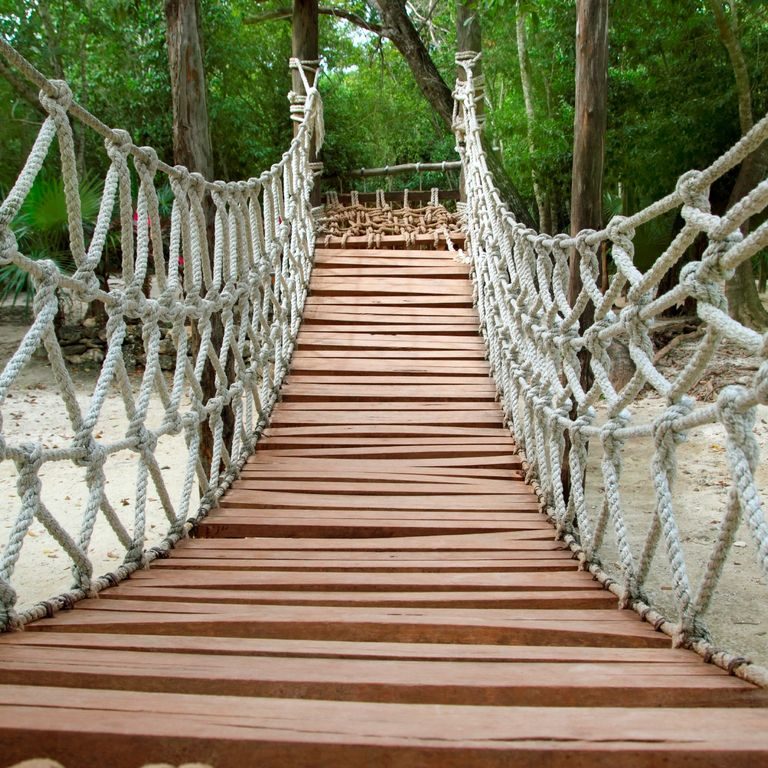 Hängende Holzbrücke mit Seilzäunen, umgeben von Bäumen und Natur.